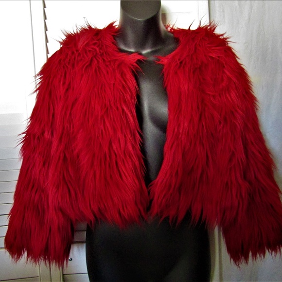 red fluffy cropped jacket